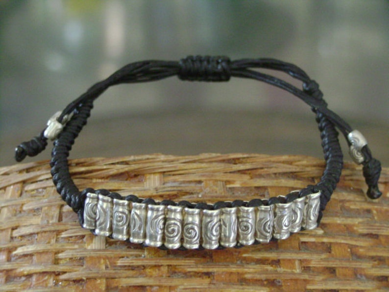 10 Waxed Cord Adjustable Silver Beaded Bracelet