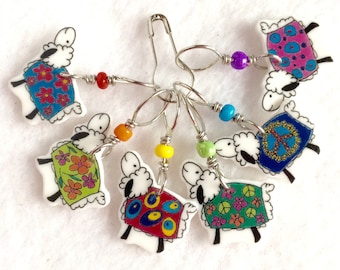 colorful coated sheep knitting stitch markers, whimsical knitting accessory, fun gift for knitters