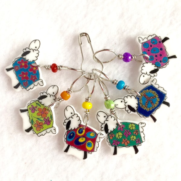 colorful coated sheep knitting stitch markers, whimsical knitting accessory, fun gift for knitters