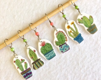 potted cacti stitch markers for knitting, succulents, whimsical knitting accessory, fun gift for knitters, snag free