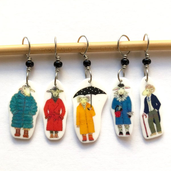 sheep in coats! knitting stitch markers, whimsical knitting accessory, fun gift for knitters