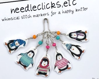 penguin stitch markers, whimsical, colorful, fun set of 6, snag free