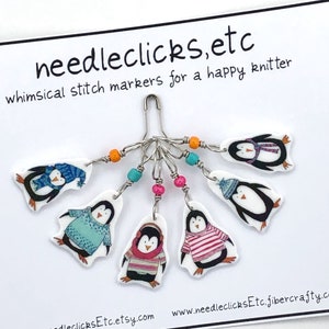 penguin stitch markers, whimsical, colorful, fun set of 6, snag free