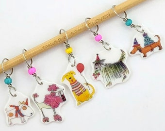 dog party! stitch markers, whimsical knitting accessory, fun gift for knitters and dog lovers