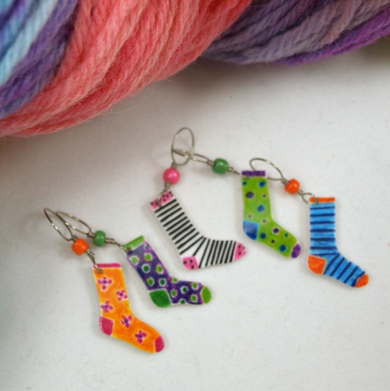 crazy socks stitch markers, snag free, colorful knitting accessory, fun gift for knitters, optional gift wrap image 3
