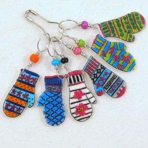 colorful mitten stitch markers, whimsical knitting accessory, fun gift for knitters, snag free