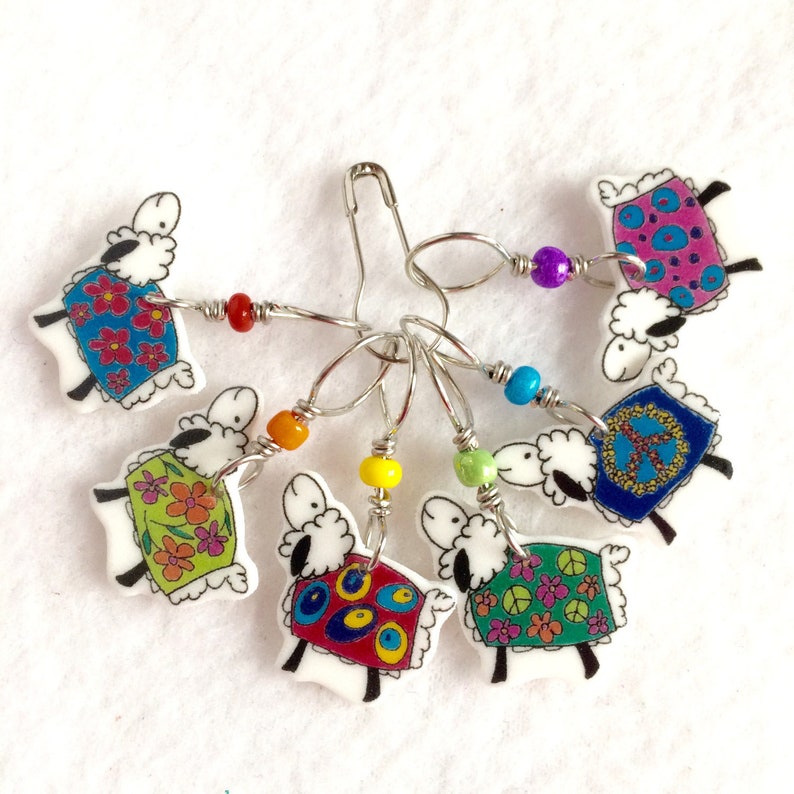 colorful coated sheep knitting stitch markers, whimsical knitting accessory, fun gift for knitters image 1