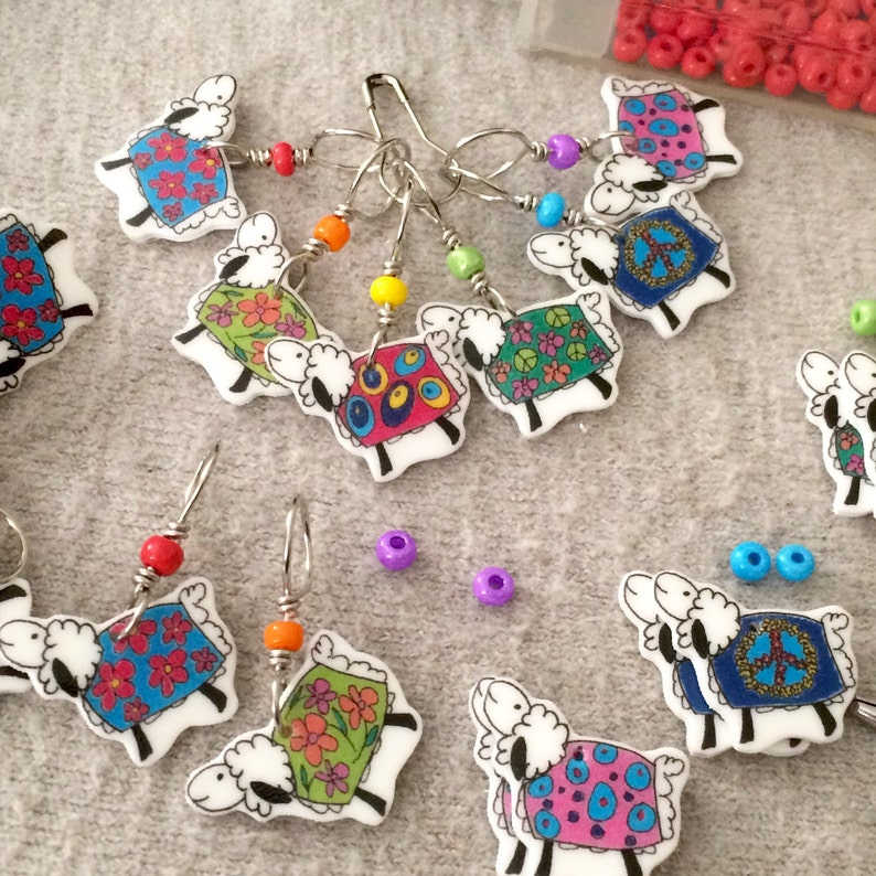 colorful coated sheep knitting stitch markers, whimsical knitting accessory, fun gift for knitters image 4