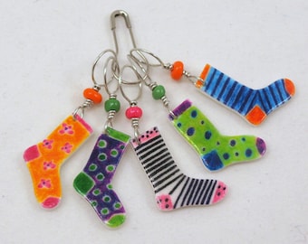 crazy socks stitch markers, snag free, colorful knitting accessory, fun gift for knitters, optional gift wrap