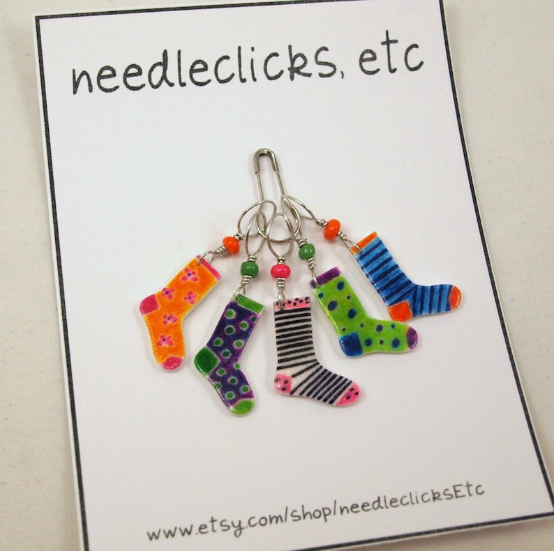 crazy socks stitch markers, snag free, colorful knitting accessory, fun gift for knitters, optional gift wrap image 4