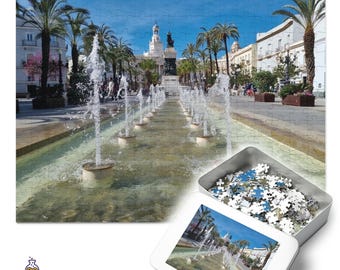 Cádiz Fountain Avenue Jigsaw Puzzle: Andalusia Spain Photography, Palm Trees & Water Features