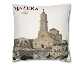 Funda de almohada personalizada con el horizonte de la Catedral de Matera, almohada cuadrada con texto personalizado