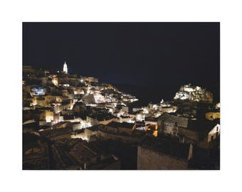 Matera By Night Canvas Wall Art: Ancient Cave City Photography, Basilicata Photo Print