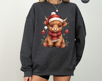 Christmas Cow Sweatshirt, Highland Cow tShirt, Women Cow Christmas Long sleeve, Cow Lover Gift, Farm Christmas Hoodie Gift, Christmas Shirt