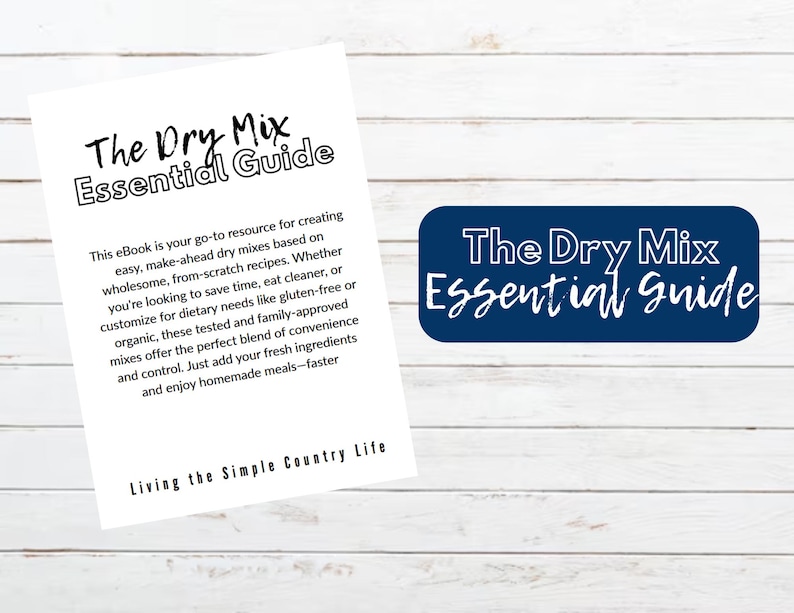 Może przedstawiać: Biała kartka z tytułem "The Dry Mix Essential Guide" i tekstem opisującym zawartość e-booka. Obecny jest r&oacute;wnież granatowy prostokąt z tym samym tytułem. Tło to biała drewniana powierzchnia.