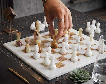 White & Onyx Green Marble Chess Set | Stone Chess Pieces | Luxury Home Decor
