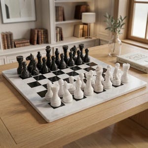 White & Black Marble Chess Set | Handmade Weighted Stone Chess Pieces with Board | Home Decor