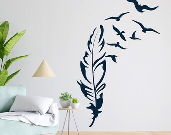 Minimalist Feather & Birds Wall Decal | Modern Vinyl Wall Decor | Boho Nature Design | Living Room Bedroom