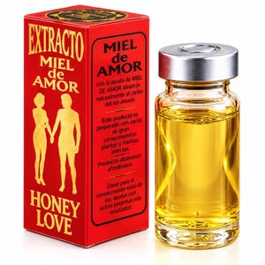 Puede incluir: Un pequeño frasco de vidrio con líquido dorado y tapa plateada junto a una caja roja rectangular. La caja muestra el texto dorado EXTRACTO MIEL DE AMOR HONEY LOVE y la silueta de dos figuras que se toman de la mano en color dorado.