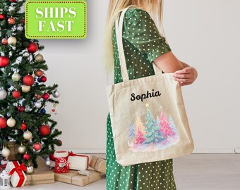 Personalized Christmas Tote Bag Canvas Pink Christmas Tree Tote Gift Bag with Name Holiday Totes for Women Girly Gifts for Her Christmas Bag