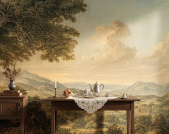 Vintage Pastoral Landscape Mural, Timeless Countryside Peel and Stick Wallpaper