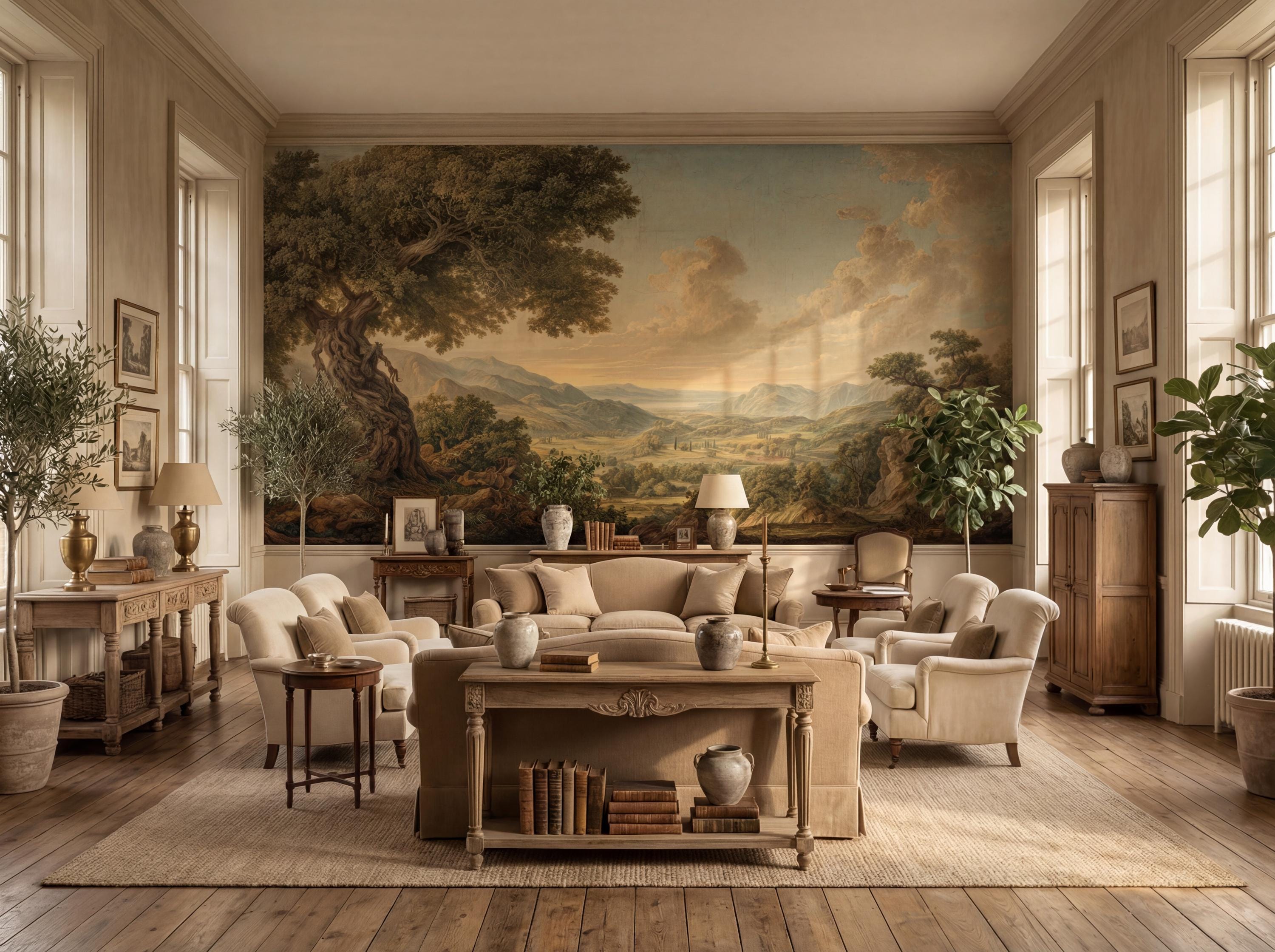 Vintage Pastoral Landscape Wall Mural, Timeless Countryside Landscape ...