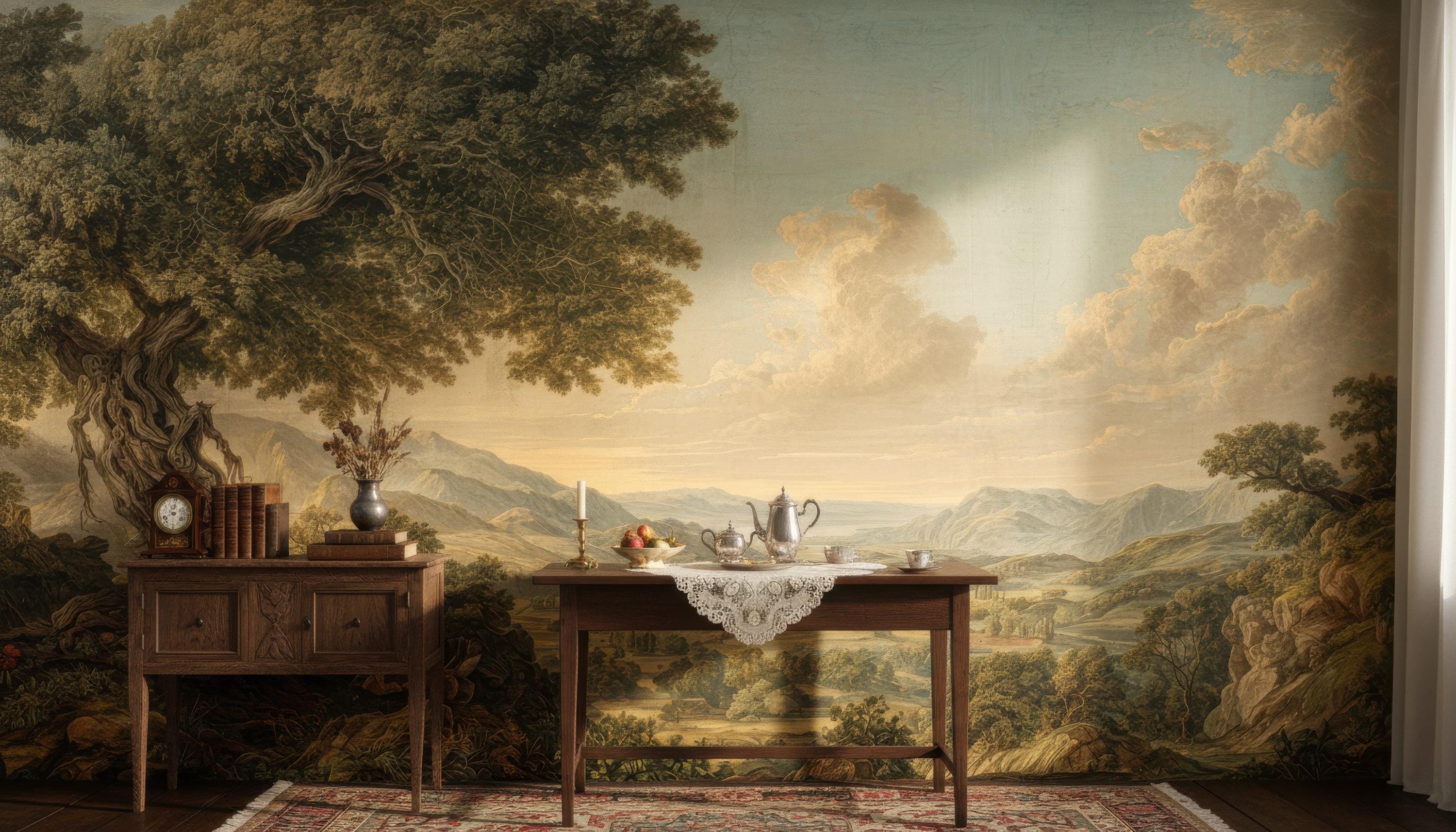 Vintage Pastoral Landscape Wall Mural, Timeless Countryside Landscape ...