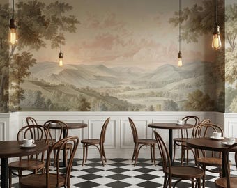 Vintage Scenic Landscape Wallpaper, Neutral Pastel Valley Wall Mural, Peel And Stick, Traditional