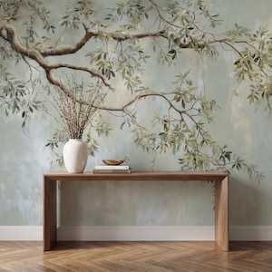 Soft Sage Green Botanical Tree Branch Wallpaper, Chinoiserie Wall Mural, Traditional, Peel And Stick