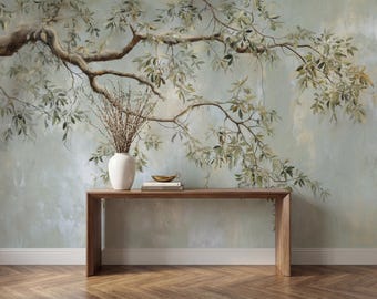 Soft Sage Green Botanical Tree Branch Wallpaper, Chinoiserie Wall Mural, Traditional, Peel And Stick