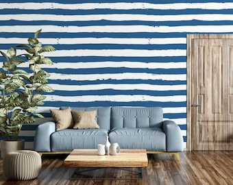 Navy Blue Stripe Peel and Stick Wallpaper, Coastal Wall Mural