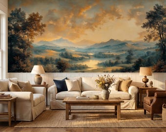 Vintage Landscape Wallpaper, Scenic Nature Sunset Wall Decor, Traditional, Peel and Stick
