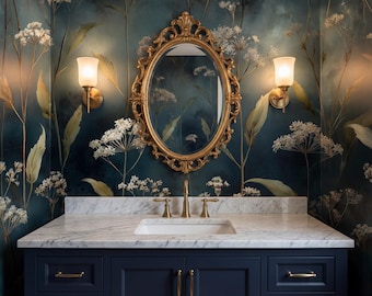 Dark Teal Wildflower Peel and Stick Wallpaper - Moody Vintage Botanical Wall Mural