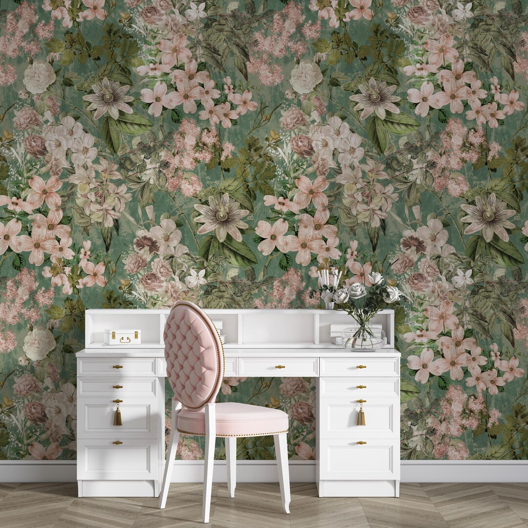 Green & Pink Floral Peel and Stick Wallpaper, Botanical Wall Mural - Etsy