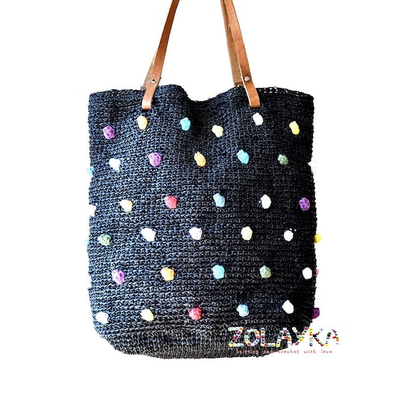 Sac cabas en raphia noir, sac de plage en paille, cabas de plage tissé à pois colorés, poignées en cuir véritable, grand sac tissé, nombreuses poches intérieures, doublure