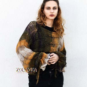 Boho Crochet Shrug, Earth-Tone Bolero with Tie-Wrist Sleeves | Handcrafted Artisanal Knitwear for Unique Layering & Boho Chic Fashion
