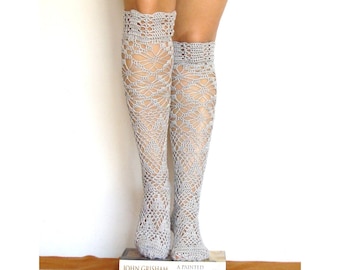 Lacy over the knee socks crochet knee high socks gray boot toppers socks tight lacy leg warmers yoga socks crochet boho wedding garter white