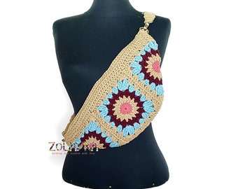 Vibrant Granny Square Crochet Bumbag - Beige Crossbody Festival Bag