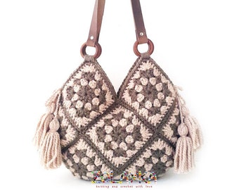 Rose sand crochet handbag large crochet bag shoulder bag boho crochet purse large crochet bag hippie purse bohemian tote bag leather handles