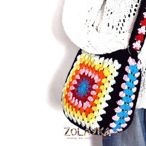 Hippie Crossbody Bag, Granny Square Bag, Crochet Colorful Purse, Adjustable Strap, Festival Shoulder Bag, Vintage Style, Gift For Her image 1
