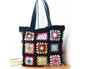 Bolso tote cuadrado de abuela negro con asas de piel sintética, bolso grande de hombro de crochet