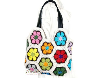 Granny Square Bag, Colorful Boho Style Purse with Flowers and Vegan Leather Handles