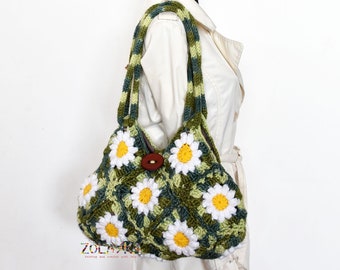 Crochet Bag with Granny Squares Daisy Flowers, Bohemian Style Shoulder Crochet Bag, Green Hippie Bag, Birthday Gift for Artistic Friend