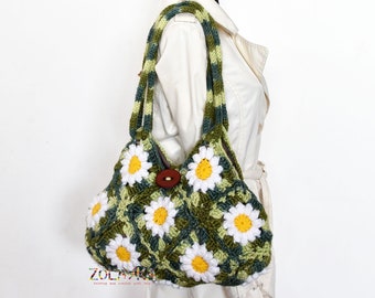 Gehaakte tas met oma vierkanten madeliefjebloemen, Boho stijl schouder gehaakte tas, groene hippie tas, verjaardagscadeau voor artistieke vriend