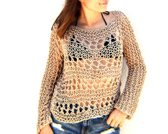 Beige Summer Loose Knit Sweater, Long Sleeves Lightweight Open Weave, Grunge Boho style