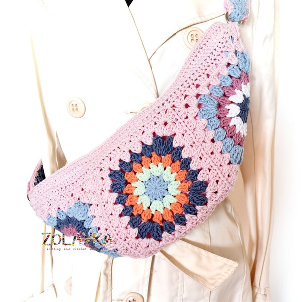 Pink Fanny Pack for Festival Adventures and Everyday Style - Vibrant Crochet Granny Square Bumbag, Bohemian Crossbody Bag, Chest Bag