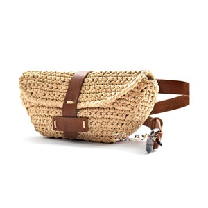 Sac banane en raphia naturel, sac banane en paille, lanières en cuir véritable, sac banane festival au crochet, pochette ceinture en paille avec fentes pour cartes