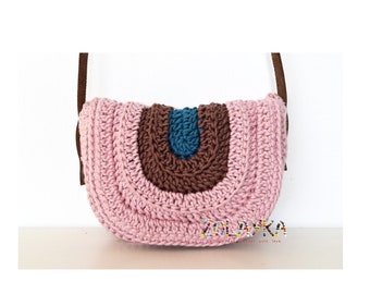 Pink Crossbody Bag Crochet, Genuine Leather Straps