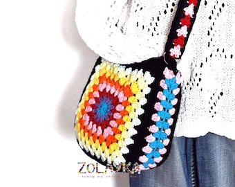 Crochet Crossbody Bag, Granny Square Bag, Crochet Boho Bag with Colorful Adjustable Strap