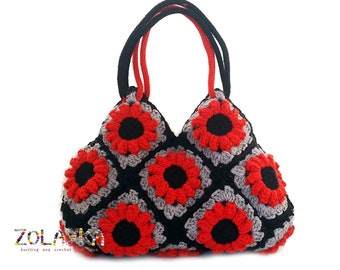 Crochet flower bag in red and black, hippie purse floral granny squares handbag, eco friendly acrylic bag, gift for bohemian lovers